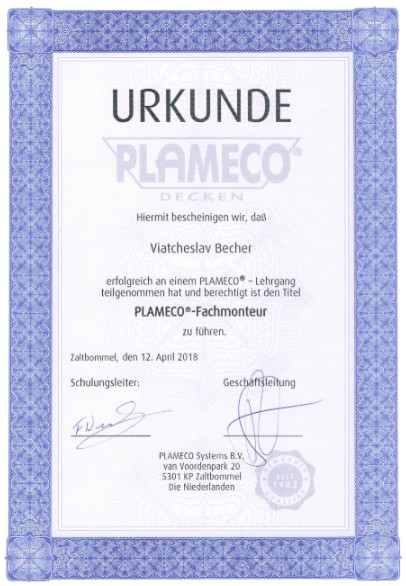 Urkunde von PLAMECO Systems: Viatcheslav Becher ist berechtigt, den Titel PLAMECO-Fachmonteur zu führen, Zaltbommel, 12. April 2018